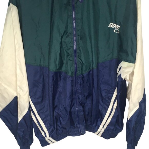 Bike Athletic Jacket Mens Large Green Navy Colorblock Windbreaker Stowaway Hood - Picture 4 of 15